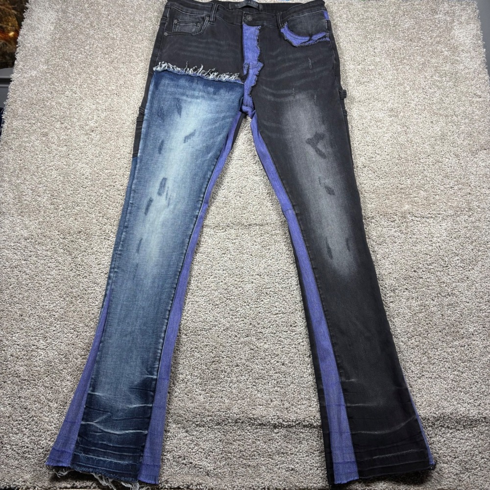 Valabasas Mens Patchwork Stacked Flare Jeans Black Blue Purple 36 Distressed - Picture 2 of 9